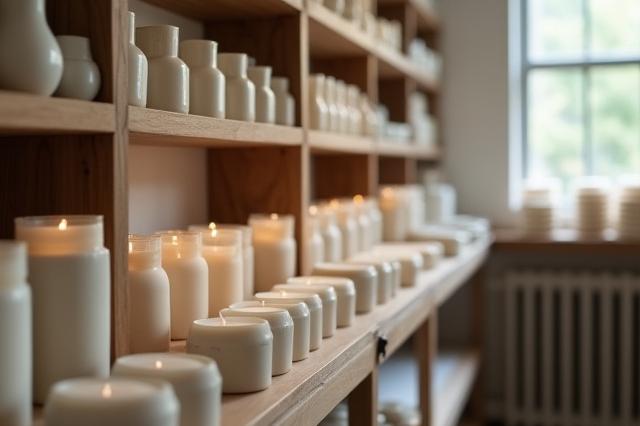 Shelves filled with minimalist, unlit candles undergoing the curing process in the atelier.