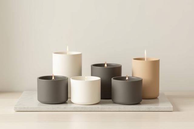 Artfully arranged display of minimalist, luxury candles in various sizes.