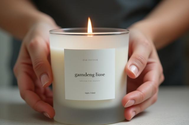 Hands meticulously applying a minimalist label to a finished candle.