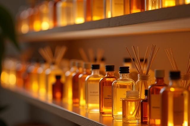 Close-up of various small glass bottles containing fragrance oils in a scent library.