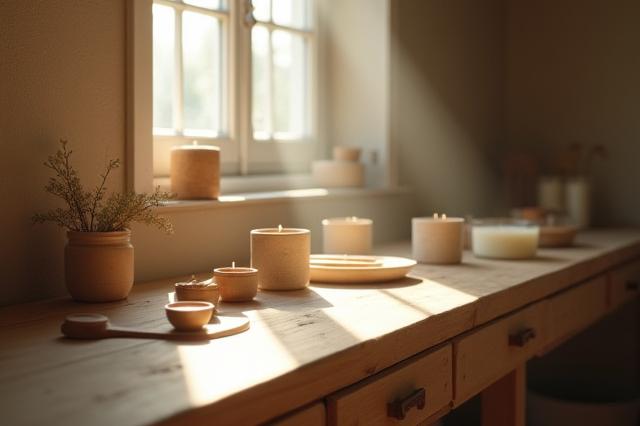 Atmospheric overview of a clean, minimalist candle making workspace with various tools and materials.