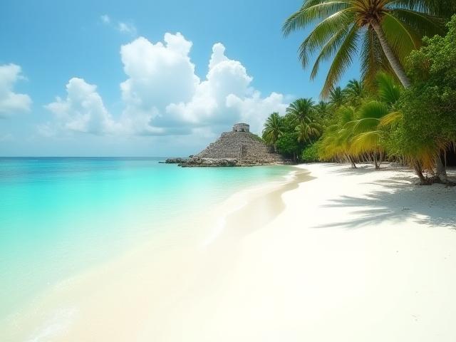 Pristine Caribbean beach with ancient Mayan ruins