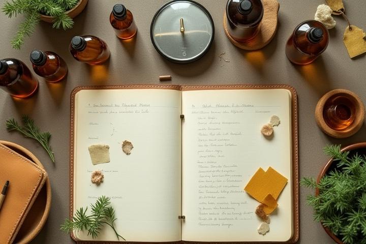Artisan's tools for scent blending, including essential oil bottles, scent strips, and a notebook