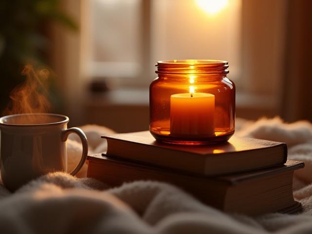 Cozy home scene with a lit candle, soft blanket, and a book