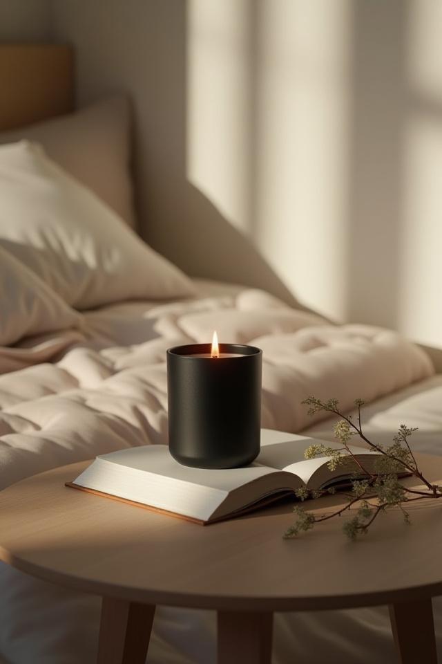 A TIMOTHY C BUCKLEY minimalist candle on a bedside table with a book and subtle decor.