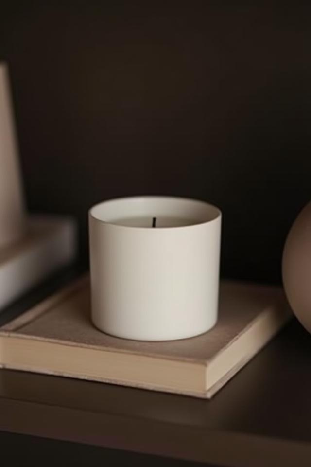 A TIMOTHY C BUCKLEY minimalist candle nestled between books on a modern bookshelf.