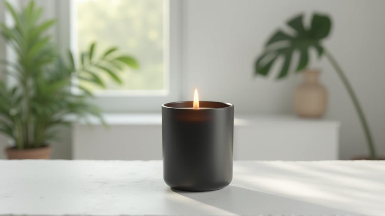 A minimalist TIMOTHY C BUCKLEY candle with a warm, soft glow, placed on a concrete surface in a modern living space with natural light. The background features subtle architectural details and a hint of lush greenery.